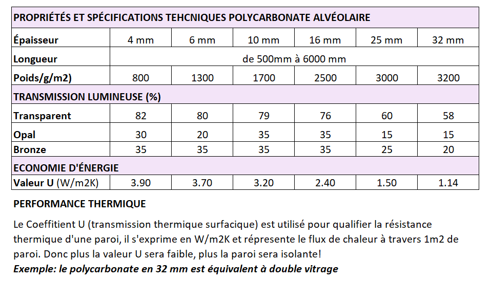 Plaque de polycarbonate 10 mm CLAIR - double paroi, dimensions