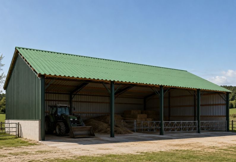 STRUCTURE AGRICOLE AVEC TOLES ONDULEES EN BITUME VERT
