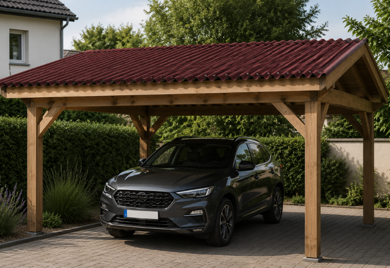 CARPORT AVEC TOLES ONDULEES EN BITUME ROUGE 1