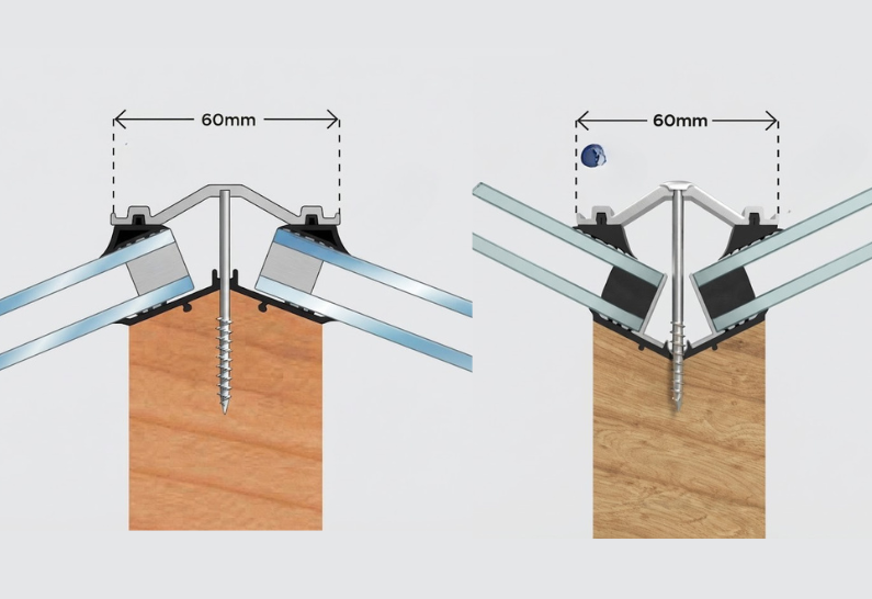Le profil E‑TEX aluminium 60 mm convient notamment à la réalisation des arêtiers sur les toitures de véranda à croupe ou à plusieurs pans